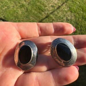 925 Sterling silver and onyx large oval clip on vintage earrings 12.7g